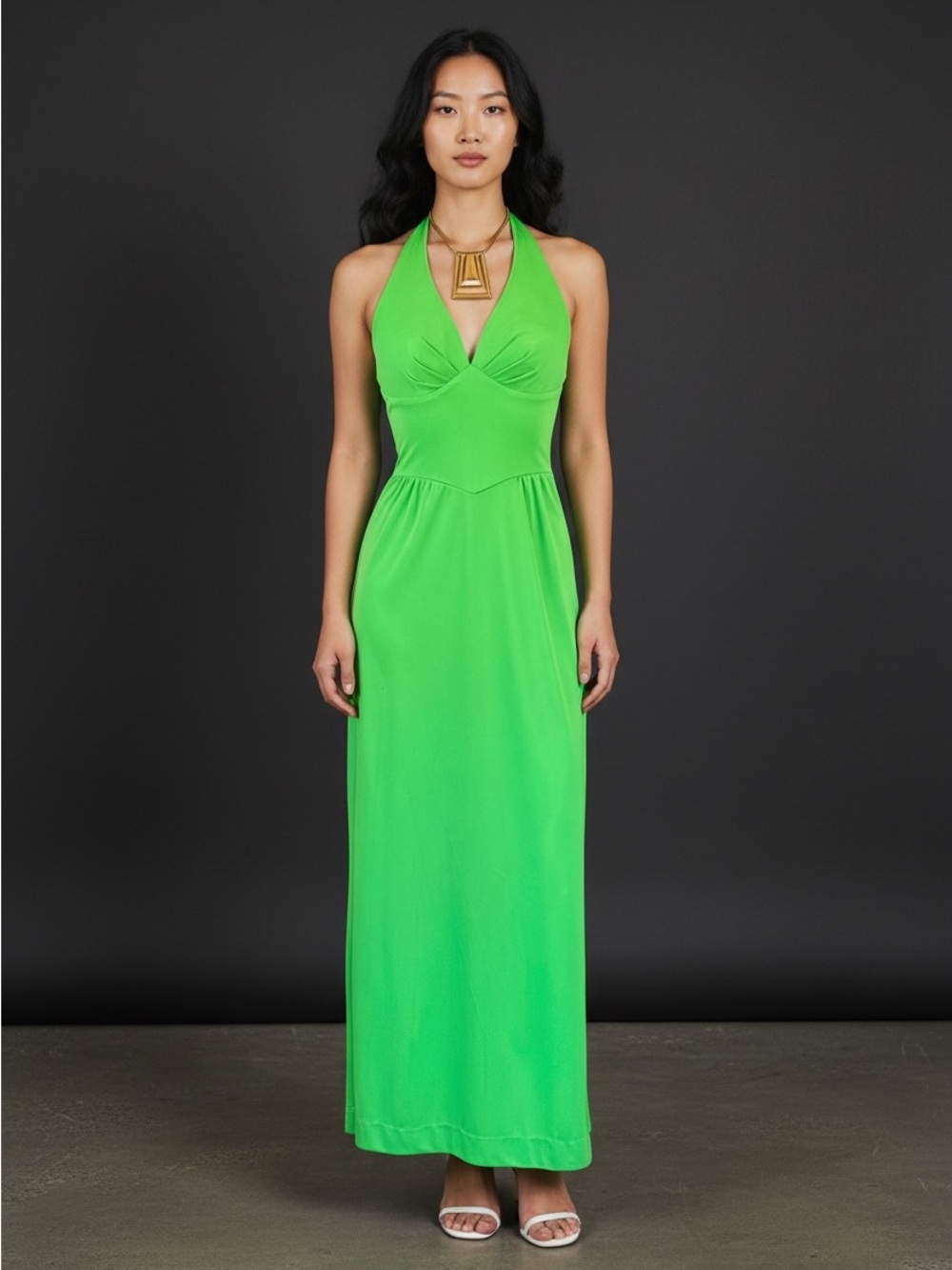 70s Neon LIME Green OPEN BaCK Halter Dress / XS S